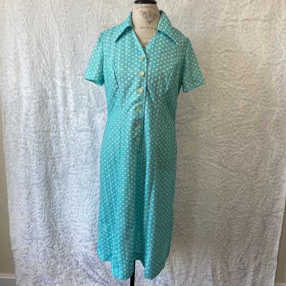 Vintage 60's polka dot Shift Dress Retro Teal Polka Dot Print Abstract - Picture 1 of 6